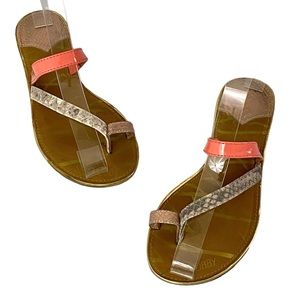 Sam & Libby Karina Leather Tan Coral Toe Strap Metallic Sandals